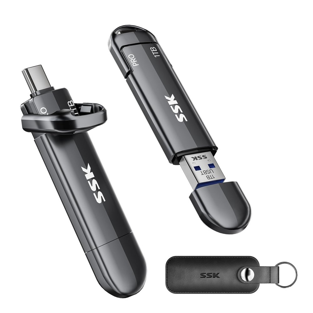 SSK USB Solid State Flash Drive 1TB, External SSD Up to 1000MB/s, Dual Port USB 3.2 Type-C/A, Portable SSD in Zinc Alloy Thumb Drive Stick for iPhone 15/16 Pro, Mac, PC, Android OTG Storage