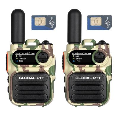 globalptt Advanced Walkie Talkie 2-Pack with Sim Cards 4G Connectivity for Global Communication - Integrated Flashlight and Multi-Function Keys for Two Way Radios Long Range (Camouflage)