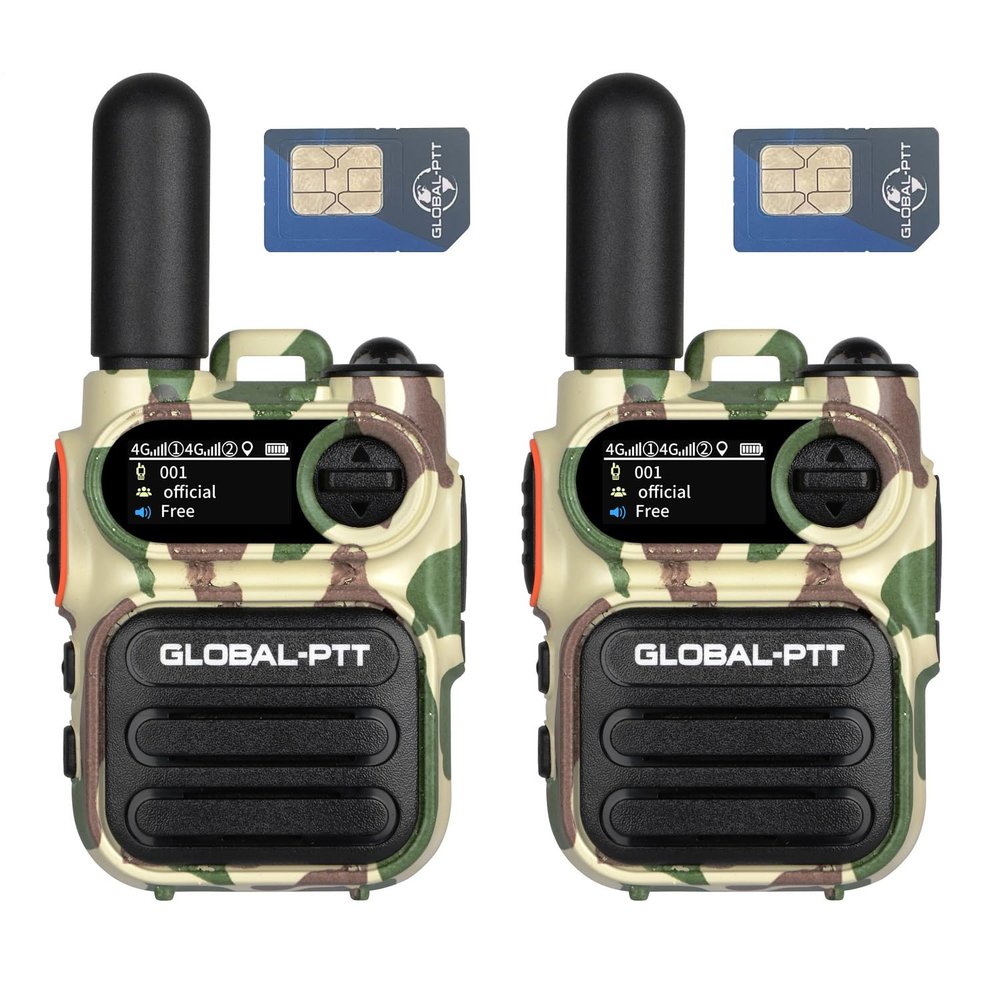 globalptt Advanced Walkie Talkie 2-Pack with Sim Cards 4G Connectivity for Global Communication - Integrated Flashlight and Multi-Function Keys for Two Way Radios Long Range (Camouflage)