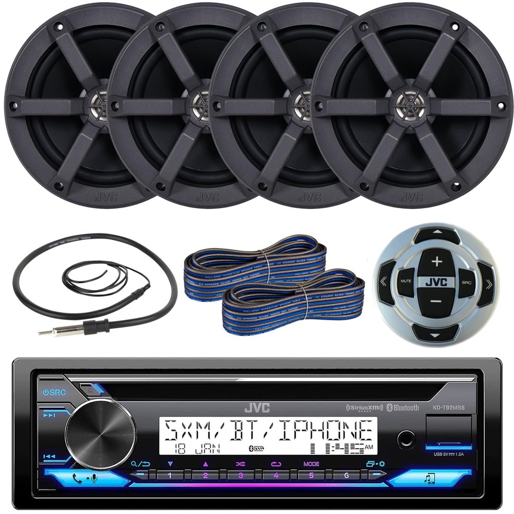 JVC Single DIN in-Dash Bluetooth Radio USB AUX AM/FM CD Player Marine Receiver Bundle Combo with 2 Pairs (Qty 4) 6.5" 100 Watts Peak Boat Audio Speakers, Wired Remote Control, 2X Wire, Antenna