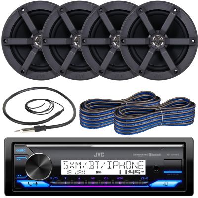 JVC Single DIN Headunit Bluetooth Radio USB AUX AM/FM Digital Media Marine Receiver Bundle Combo with 2 Pairs (Qty 4) 6.5" 2-Way 100 Watts Peak Boat Audio Speakers, 2X Speaker Wire, Radio Antenna