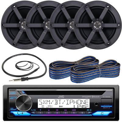 JVC Single DIN Headunit Bluetooth Radio USB AUX AM/FM CD Player Marine Receiver Bundle Combo with 2 Pairs (Qty 4) 6.5" 2-Way 100 Watts Peak Boat Audio Speakers, 2X Speaker Wire, Radio Antenna
