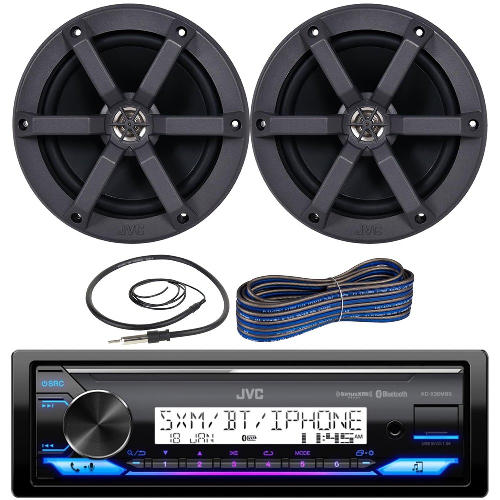 JVC Single DIN in-Dash Bluetooth Radio USB AUX AM/FM Digital Media Marine Receiver Bundle Combo with 1 Pair (Qty 2) 6.5" 2-Way 100 Watts Peak Power Boat Audio Speakers, Speaker Wire, Radio Antenna