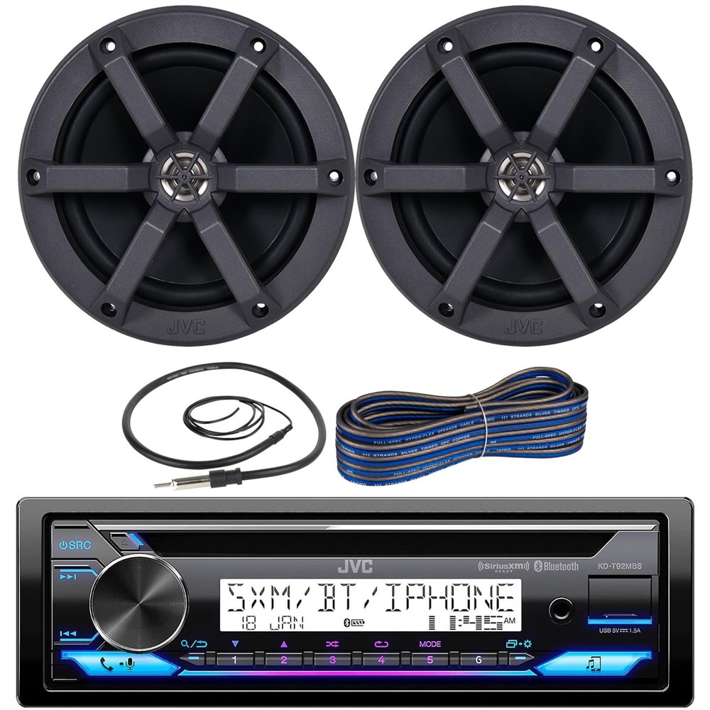 JVC Single DIN in-Dash Bluetooth Radio USB AUX AM/FM CD Player Marine Receiver Bundle Combo with 1 Pair (Qty 2) 6.5" 2-Way 100 Watts Peak Power Boat Audio Speakers, Speaker Wire, Radio Antenna