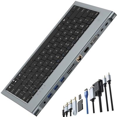 Zunate USB HUB Wired Computer Keyboard, 11 in 1 USB C Hub Keyboard, 78 Keys USB C KeyHub Multi Function Hub Keyboard Docking Station with 4K HDMI VGA USB3.0 USB C 100W RJ45 SD Card Slot