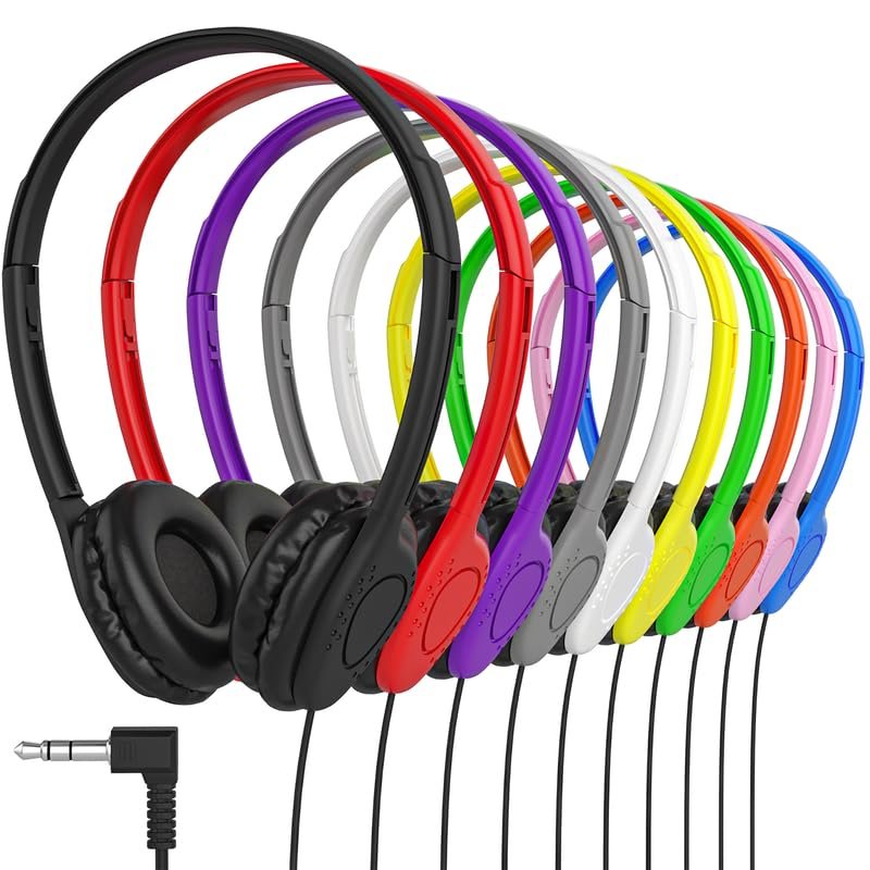 Maeline Kids Headphones for School Classroom K-12, Library, Museum, Travel, On Ear Stereo Headset with Adjustable Band & Faux Leather Cushions - 3.5mm Plug - 300 Pack - Multicolors