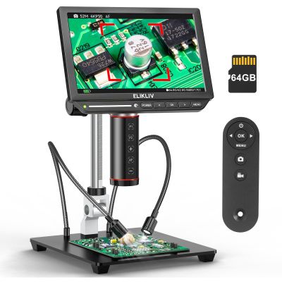 Elikliv Autofocus 4K Digital Microscope EM4K-AF, 52MP Soldering Microscope for PCB Repair, Coin Inspection & Watchmaking, 2000X Magnifier Scope, 8" IPS Screen, HDMI/USB Output, 10" Stand, 64GB Card