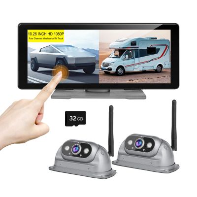 10.26 inch RV Backup Cameras Wireless with Touch Monitor Stable Digital Signal Back Up Camera System, Dual Rear View Camera Super Night Vision Portable for Car Auto Truck Bus Camper Trailer