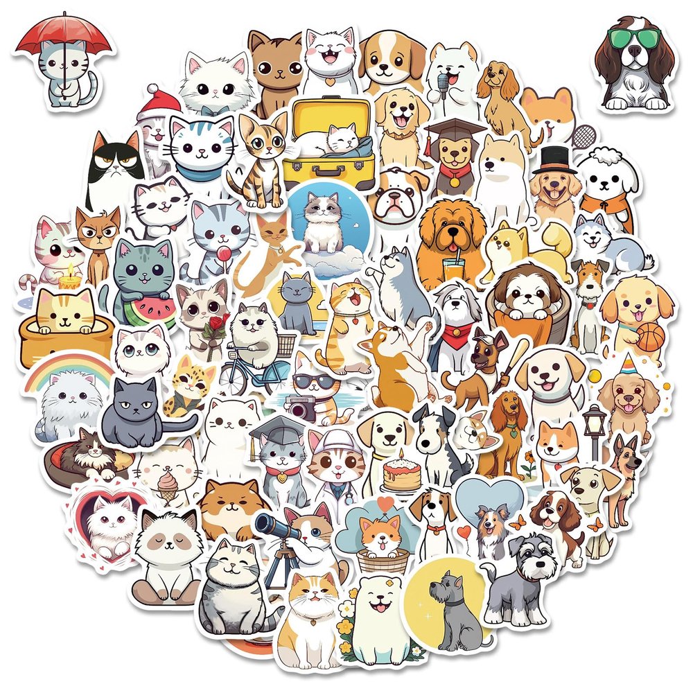 100 Pcs Cat and Dog Stickers for Kids, Cute Stickers for Water Bottle Laptop Scrapbook, Waterproof Cat Dog Mixed Sticker Pack for Girls Boys Women Men