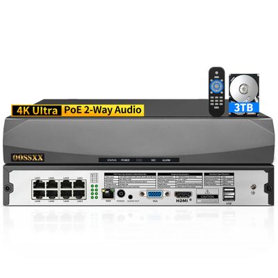 OOSSXX 8.0/4K Megapixel 8-Channel POE NVR Network Video Recorder, Supports up to 8 x 8MP/4K IP Cameras, Max to 8TB Hard Drive (3TB HDD Included)