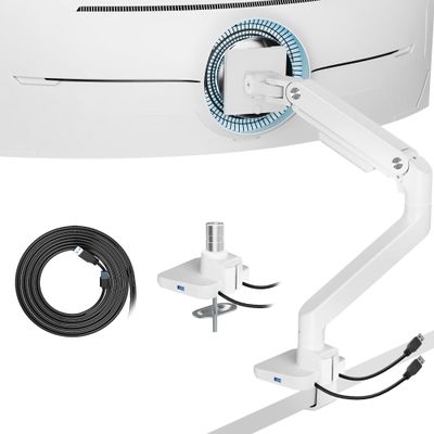 ARES WING Ultrawide Monitor Arms White with USB A/C, Heavy Duty Monitor Arm for 17 to 49 inch Screen, Holds 44 lbs, Adjustable Gas Spring Desk Mount with Clamp and Grommet Base