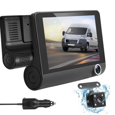 3 Channel Dash Cam Front Rear Inside, 4 inch Screen Dash Camera for Cars, 1296P Full HD Dash Cam Dual Lens Car Dash Camera with Loop Recording, Wide Angle