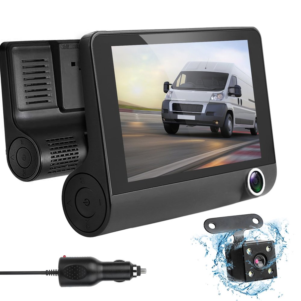 3 Channel Dash Cam Front Rear Inside, 4 inch Screen Dash Camera for Cars, 1296P Full HD Dash Cam Dual Lens Car Dash Camera with Loop Recording, Wide Angle