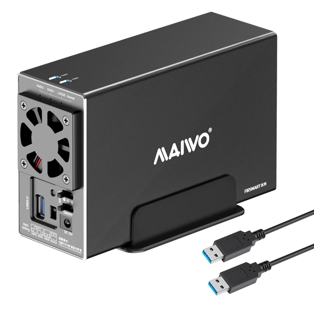 MAIWO Dual Bay Hard Drive RAID Enclosure with Cooling Fan for 2.5/3.5 inch SATA SSD/HDD, 5Gbps USB 3.0 HDD Enclosure, 48TB Capacity, RAID 0/1/JBOD/PM, Aluminum Case