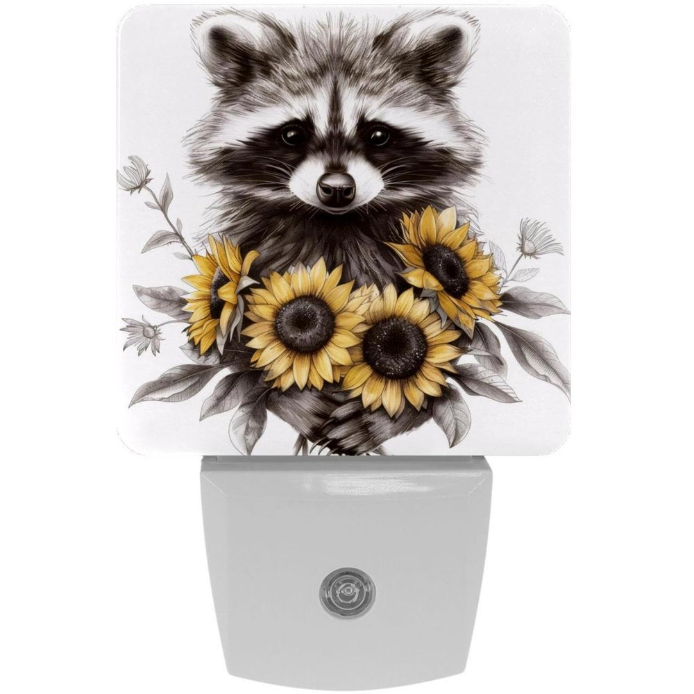 KikandKo Night Lights Plug Into Wall 2 Pack, Raccoon Sunflower Night Light for Kids, LED Nightlight with Dusk to Dawn Sensor for Bathroom, Children Room, Nursery, Gift, 7.6x7.6cm/3inx3in, fxxyd-001