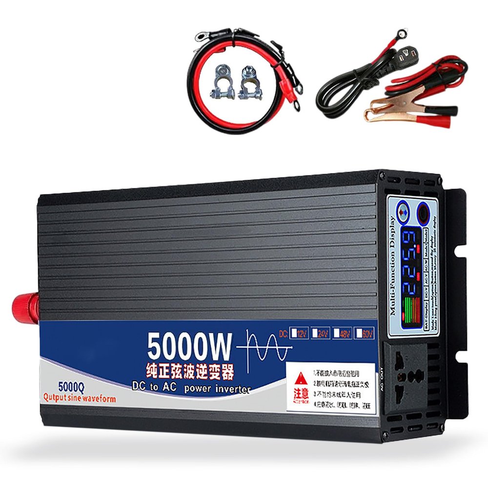 Pure Sine Wave Inverter,12/24/48/60/72V DC To2 20V AC,Car Converter 5000W/6000W Transformer,Car Power Inverter with 1 Ac Outlet,2 Cooling Fans,for Motorhomes,Truck,Emergency,5000W-60V