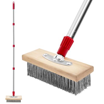 Wire Scrub Broom Scrubbing Brush with Long Handle, Stiff Metal Bristle Outdoor Floor Scrubber for Cleaning Moss, Tough Stains on Grout, Garden, Garage, Patio, Deck