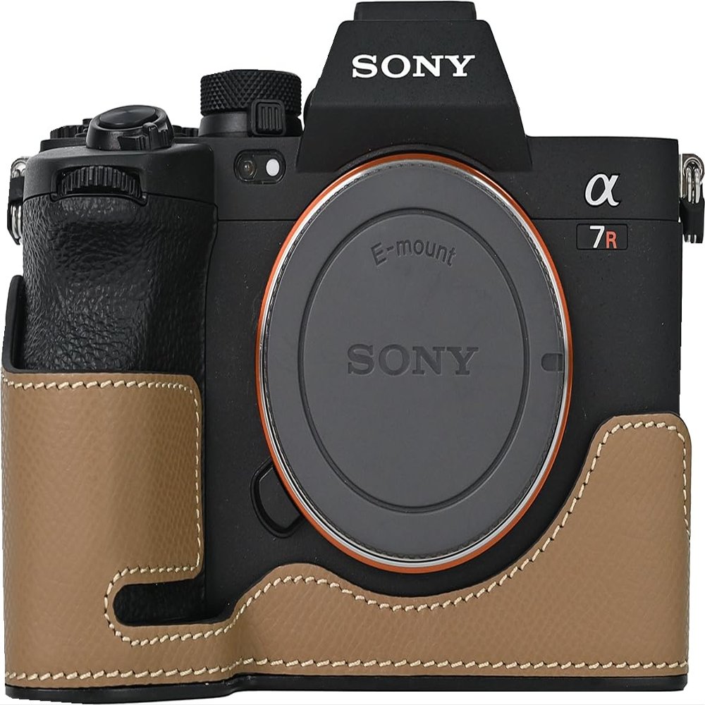 A7R V Case, BMAOLLONGB Handmade Genuine Real Leather Metal Bottom Half Camera Case Bag Cover for Sony Alpha A7R V with Hand Strap (Brown)