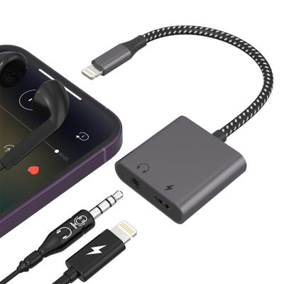 2 in 1 Apple Dongle Headphone Jack and Charger, Lightning to 3.5mm Jack Audio Adapter, iPhone Microphone Adapter for Live-Streaming, Charger Lightning Splitter Dongle for iPhone 14/13/12/11/ iPad/iOS