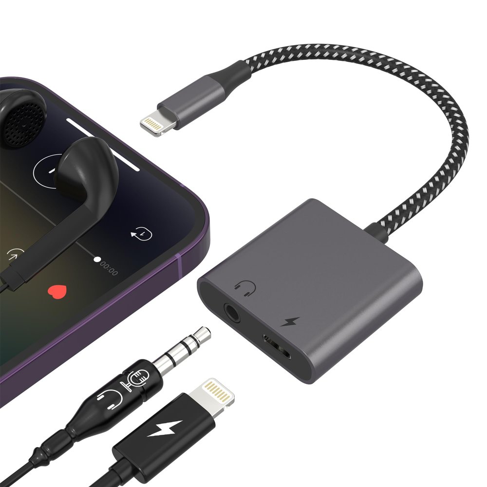 2 in 1 Apple Dongle Headphone Jack and Charger, Lightning to 3.5mm Jack Audio Adapter, iPhone Microphone Adapter for Live-Streaming, Charger Lightning Splitter Dongle for iPhone 14/13/12/11/ iPad/iOS