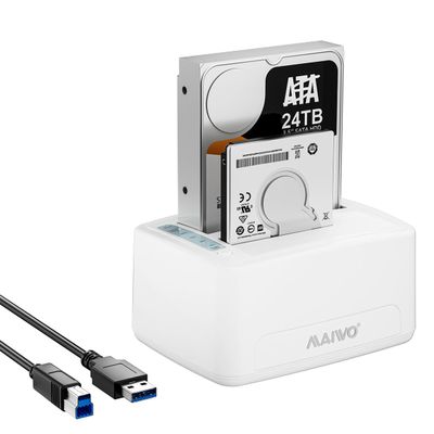 MAIWO 2 Bay Hard Drive Docking Station with Offline Cloning, External Hard Drive Duplicator for 2.5'' 3.5'' SATA SSD HDD with LED Indicator, 48TB Expansion, USB3.0 Connecting, White