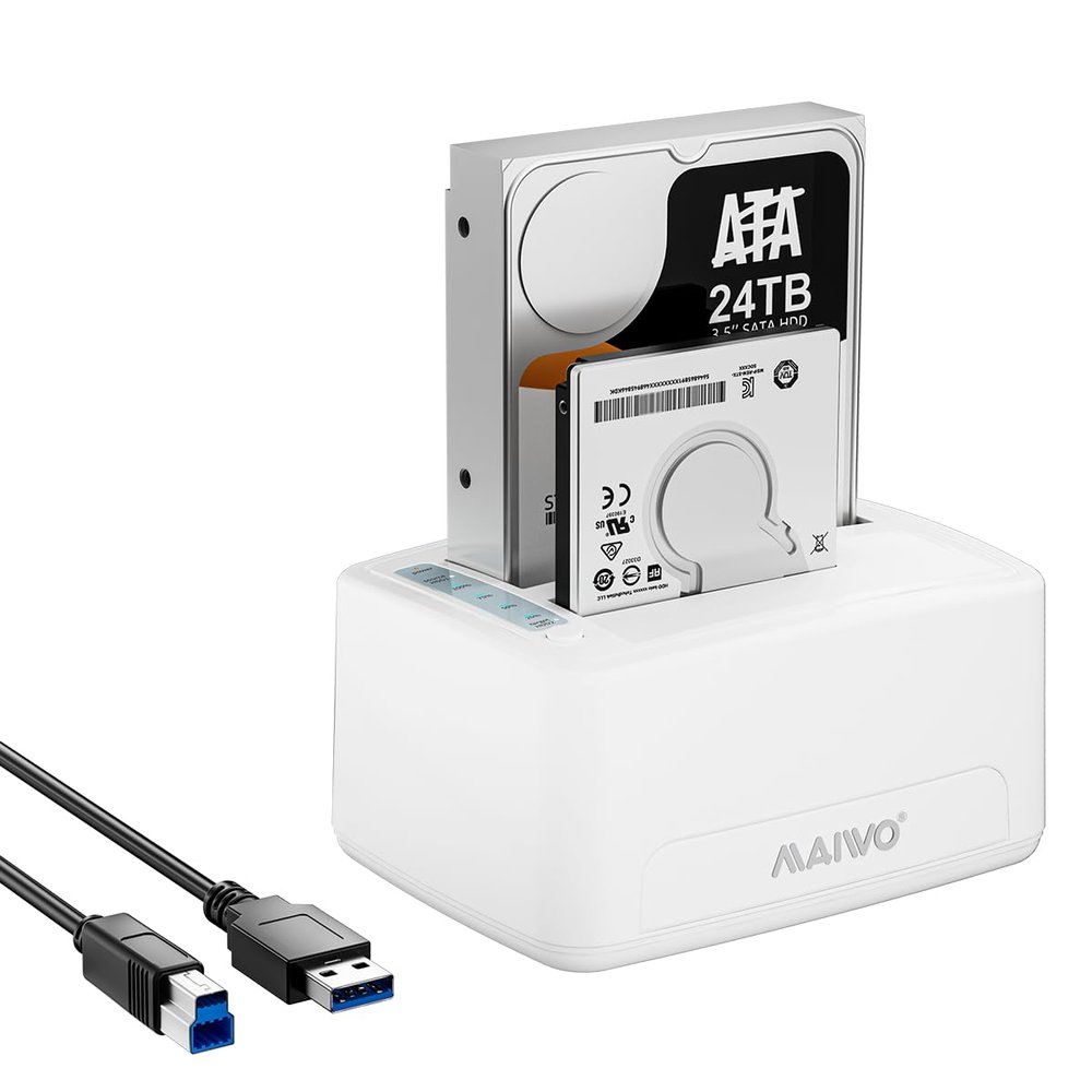 MAIWO 2 Bay Hard Drive Docking Station with Offline Cloning, External Hard Drive Duplicator for 2.5'' 3.5'' SATA SSD HDD with LED Indicator, 48TB Expansion, USB3.0 Connecting, White