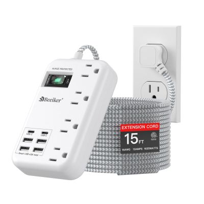 6 USB(2 USB C) Surge Protector Power Strip- 15 Ft Extension Cord with 6 USB Charging Station and 4 Outlets, Flat Plug Long Braided Extension Cord with Multiple Outlets Wall Mount for Home Office Dorm
