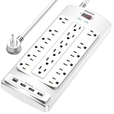 18 Outlets Surge Protector Power Strip - 6 Feet Flat Plug Heavy Duty Extension Cord with 18 Widely Outlets and 4 USB Ports, 2100 Joules, White, ETL Listed