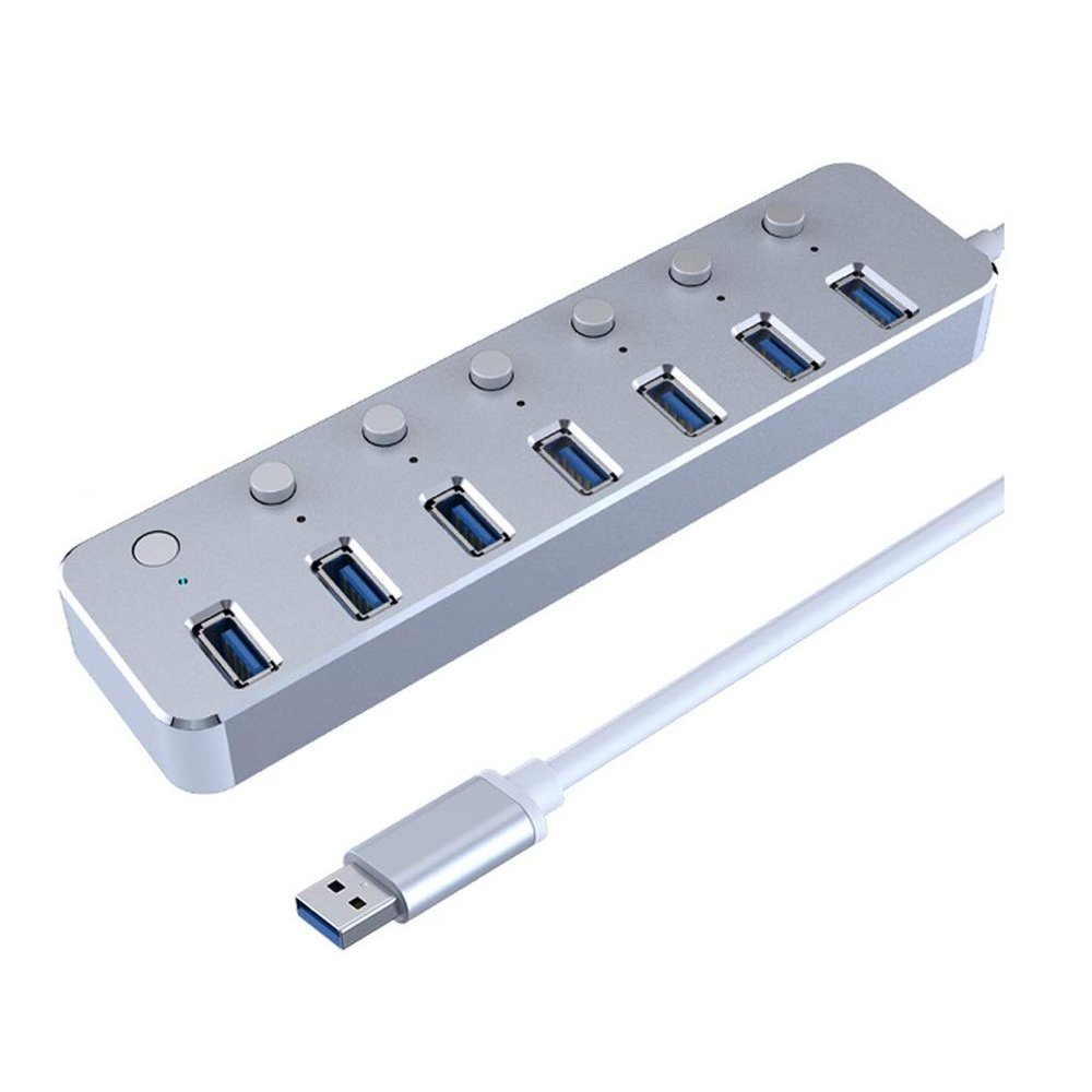 Aluminum 7-Port USB 3.0 Hub 120cm Cable Sub-Control Switch 5Gbps LED Indicator HUB Chargeable Splitter for Multi USB Devices (Color : Silver)