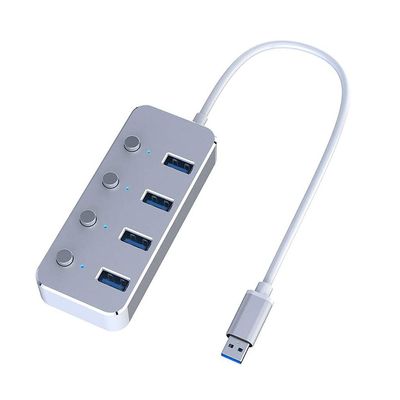 Aluminum Alloy 4 Port USB 3.0 Hub Sub-Control Switch HUB 60/120cm Cable Upto 5Gbps Splitter (Color : Silver)