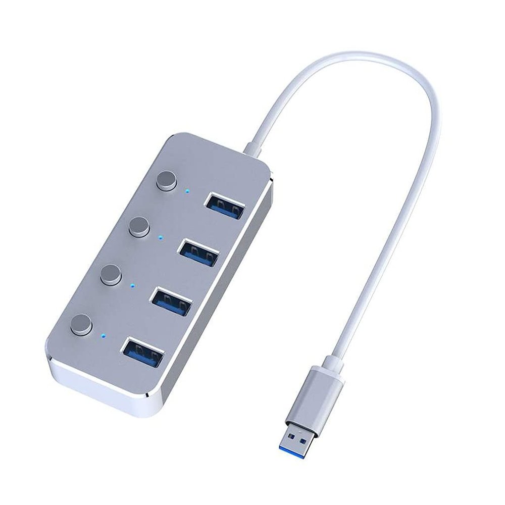 Aluminum Alloy 4 Port USB 3.0 Hub Sub-Control Switch HUB 60/120cm Cable Upto 5Gbps Splitter (Color : Silver)