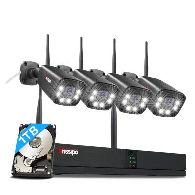 Dual Warning 4K Security Camera System, 4pcs Plug in Surveillance Camera for Outdoor Indoor House 24/7 Recording, AI Detection, Color Night Vision, 2 Way Audio, 8CH WiFi NVR with 1TB HDD