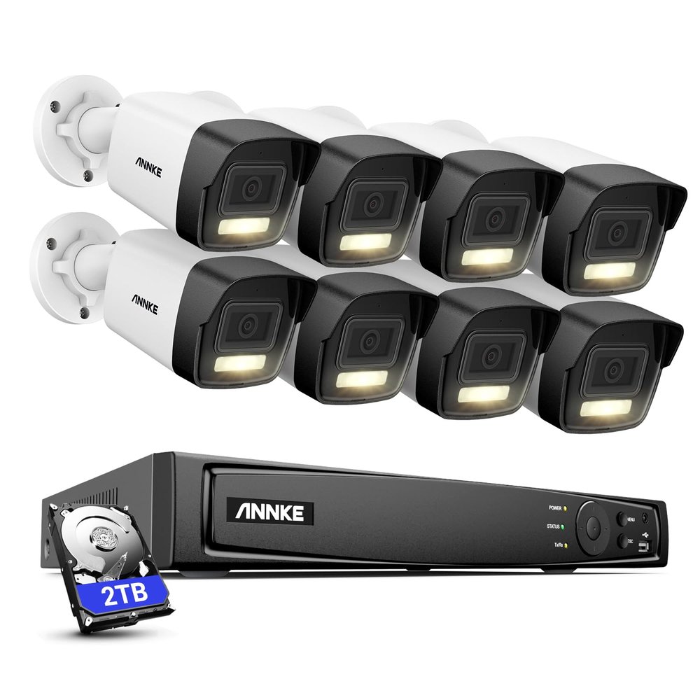 ANNKE PoE Security Camera System, H.265+ 16CH 12MP 5-in-1 NVR, 8X 3K Wired Bullet IP White Cams with Smart Dual Light, Built-in Mic, AI Motion Detection, 2.8mm Lens, IP67 Waterproof, 2TB HDD Included