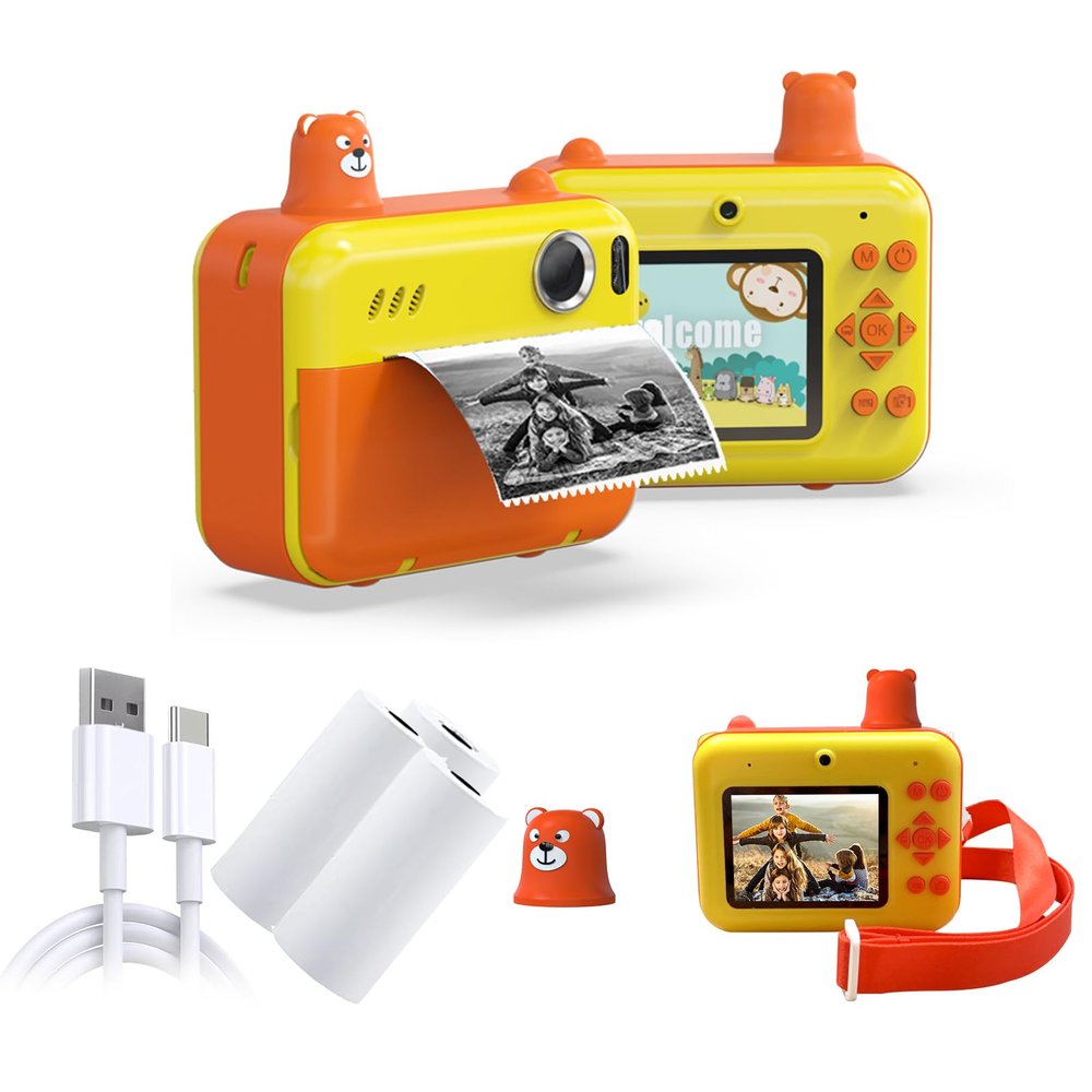CatXQ Instant Film Cameras for Kids, HD Dual Lens Kids Video Cameras Instant with Print Film & 32GB SD Card,Portable Selfie Camera for 3-12 Year Old,Christams Birthday Gifts for Girls Boys - Yellow