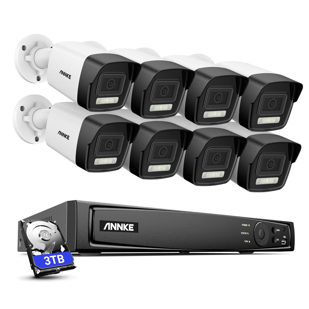 ANNKE PoE Security Camera System, 16CH 12MP NVR, 8X 4K Wired Bullet IP Cameras with Smart Dual Light Color Night Vision, Built-in Mic, AI Human/Vehicle Detection, 3TB HDD Included, Work with Alexa