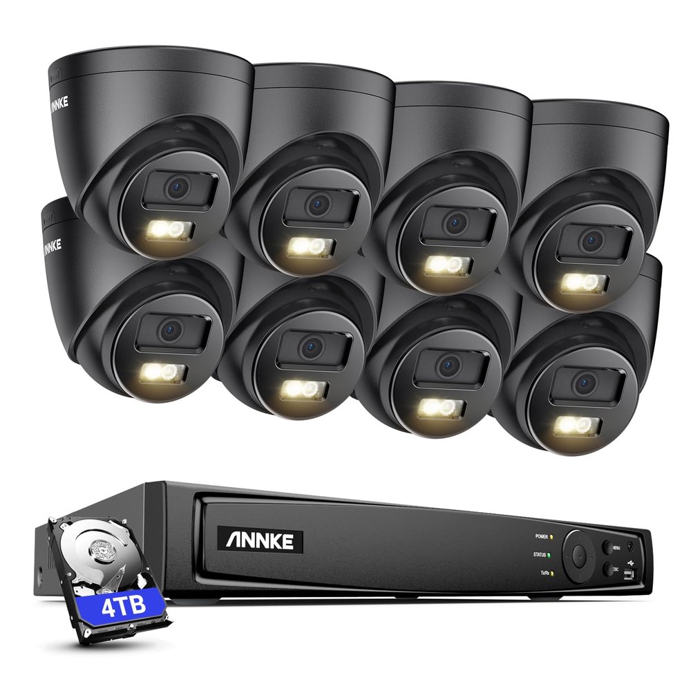 ANNKE PoE Security Camera System, H.265+ 16CH 12MP 5-in-1 NVR, 8X 3K Wired Turret IP Black Cams with Color Night Vision, Built-in Mic, AI Motion Detection, 2.8mm Lens, IP67, 4TB HDD Included