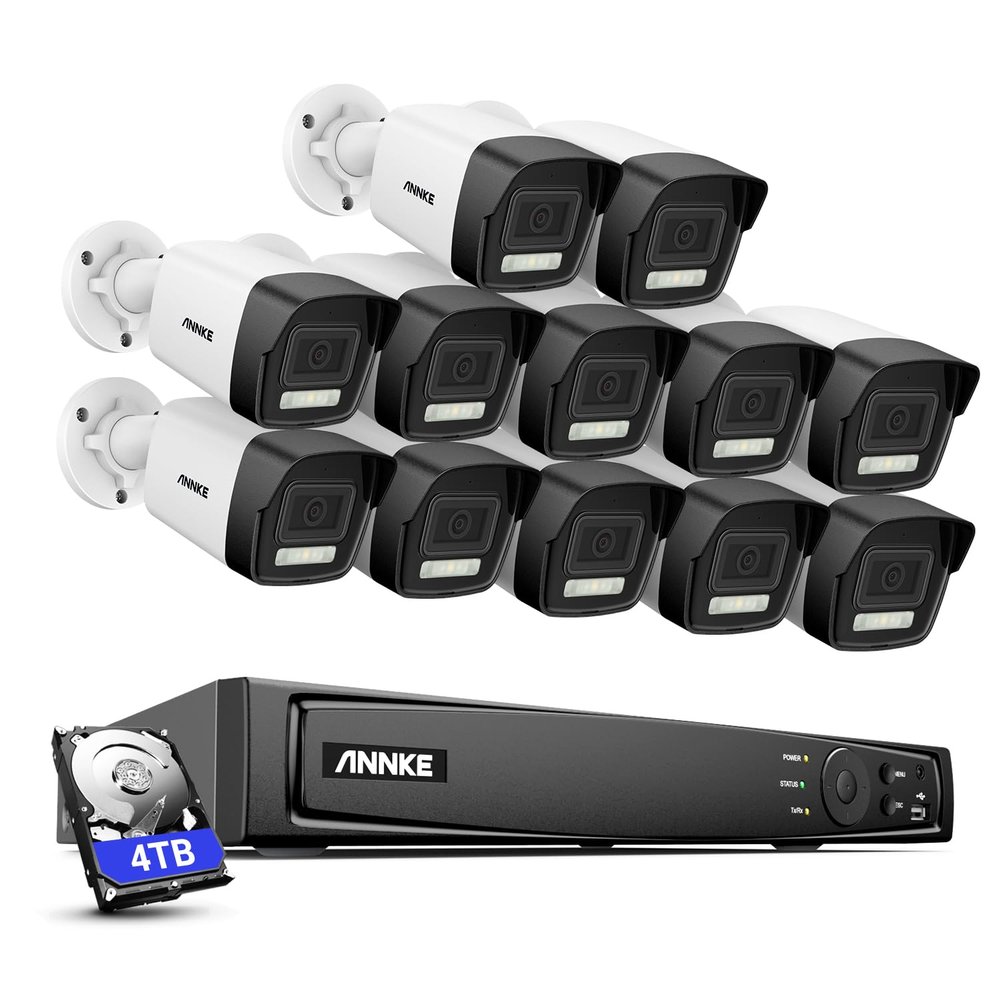 ANNKE PoE Security Camera System, 16CH 12MP NVR, 12X 4K Wired Bullet IP Cameras with Smart Dual Light Color Night Vision, Built-in Mic, AI Human/Vehicle Detection, 4TB HDD Included, Work with Alexa