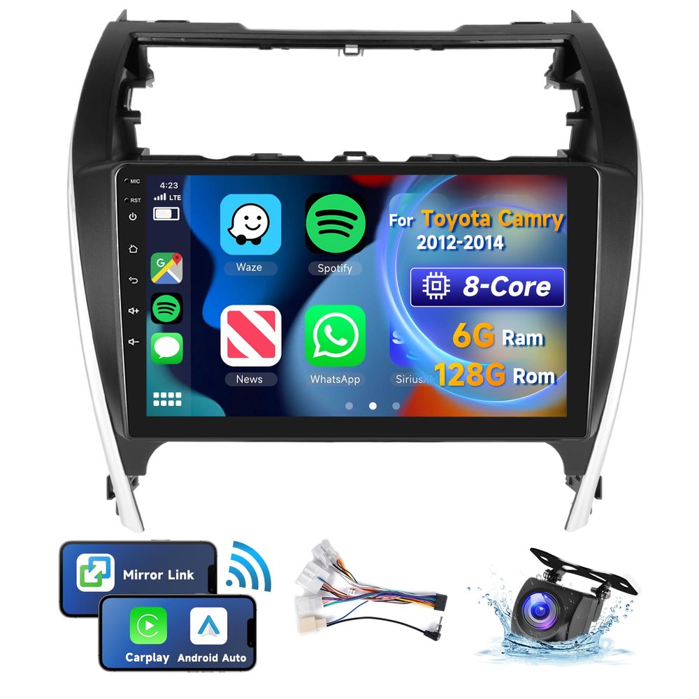 [8 CORE 6G+128G] Car Radio for Toyota Camry 2012 2013 2014 with Wireless Carplay/Android Auto, 10.1 Inch Android 13 IPS Touch Screen Car Stereo, Bluetooth, GPS, WiFi, SWC, DSP + Backup Camera