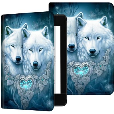 Case for 6.8" Kindle Paperwhite (11th Generation-2021/2023/2024), Slim PU Leather Adjustable Stand Smart Kindle Cover, with Auto Wake/Sleep for Kindle Paperwhite Signature Edition, Blue White Wolf