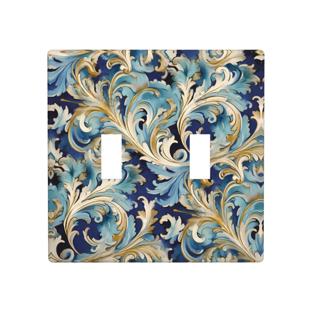2-Gang Toggle Switch Wall Plates Elegant Blue Gold Florentine Printing Double Toggle Electrical Faceplate Double Gang Toggle Light Switch Covers Impact Resistant Polycarbonate Standard Size 4.5 X 4.5