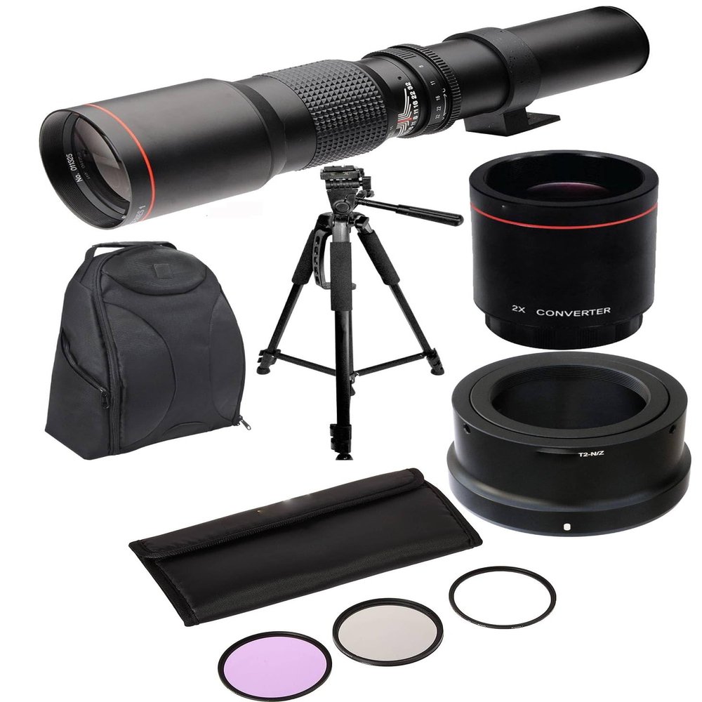 High-Power 500mm/1000mm f/8 Manual Telephoto Lens + 60" Tripod + Filter Kit + Backpack Compatible with Nikon Z Mount Camera Z50, Z5, Z6, Z6II, Z7, Z7II, Z9, ZFC (Black)