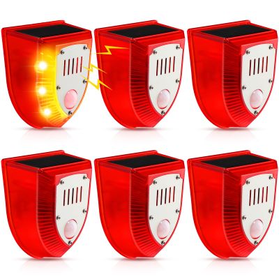 Qualirey 6 Pcs Solar Alarm Motion Detector with Sound Outdoor Motion Sensor 129db Barking Dog Strobe Light Gunshot Sound Alarm Detector Noise Maker Warning Lamp for Home Villa Yard Farm