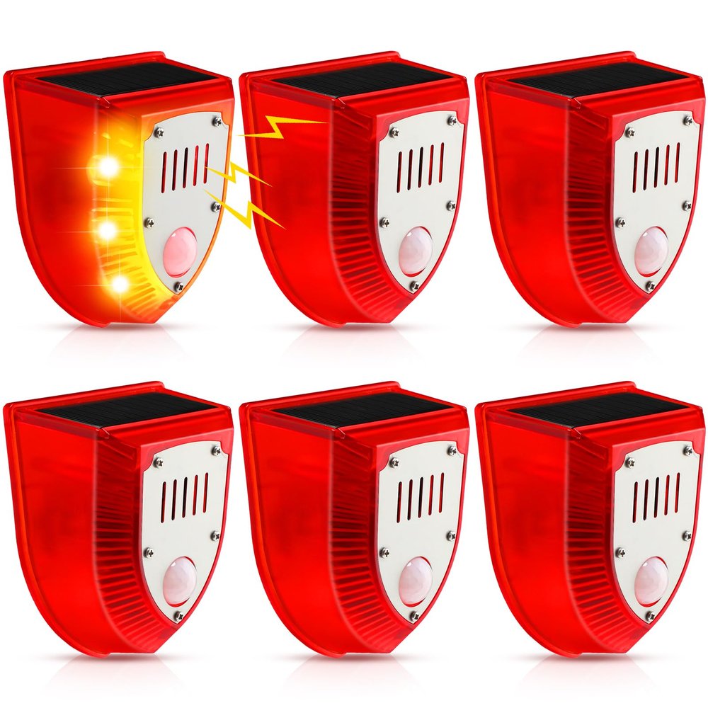 Qualirey 6 Pcs Solar Alarm Motion Detector with Sound Outdoor Motion Sensor 129db Barking Dog Strobe Light Gunshot Sound Alarm Detector Noise Maker Warning Lamp for Home Villa Yard Farm