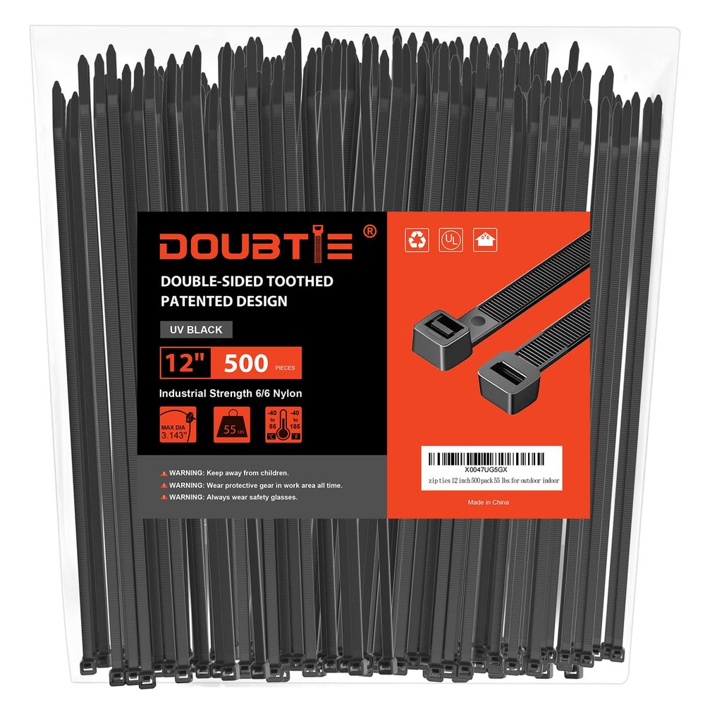 Zip Ties 12 Inch, Cable Ties With Double Sided Toothed 2024 Patented Design, 55LBS Tensile Strength Heavy Duty Wire Ties, Nylon PA66 UV Resistant Black Cable Ties For Indoor and Outdoor Use, 500Pack