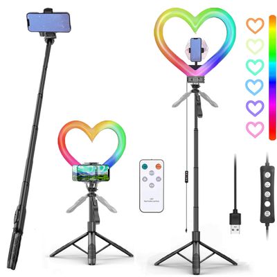 Heart Ring Light, 13" Desk Ring Light with Extendable Selfie Stick Stand for Laptop Video Conference Lighting with Phone Holder Height Adjustable 47 Color Modes for Live Stream/Makeup Compatible