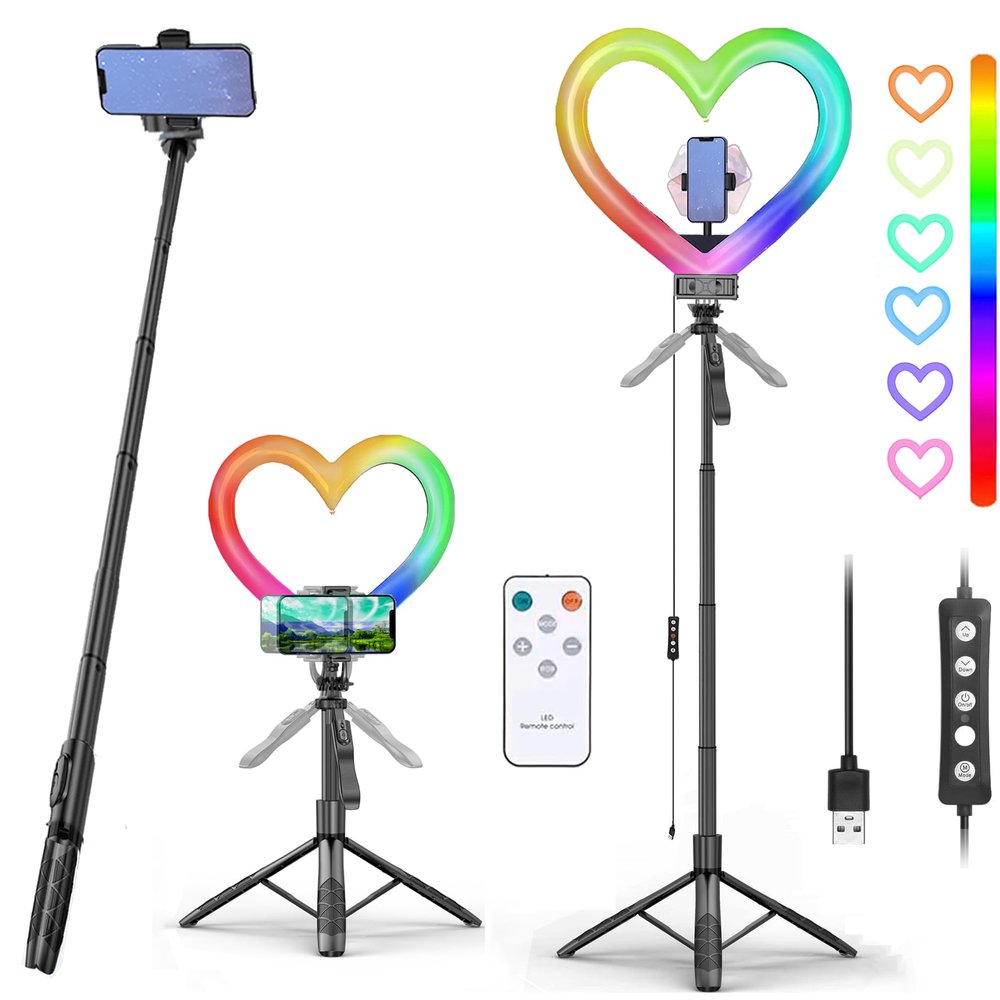 Heart Ring Light, 13" Desk Ring Light with Extendable Selfie Stick Stand for Laptop Video Conference Lighting with Phone Holder Height Adjustable 47 Color Modes for Live Stream/Makeup Compatible