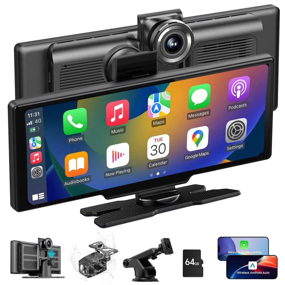 CHOVE Wireless Apple Carplay Screen for Car, 10.26" Apple Car Play & Android Auto Screen,Touchscreen with Backup Camera,Dash cam,Support GPS,Siri/Google,Bluetooth,AUX,Mirror Link,Fit Most Vehicles