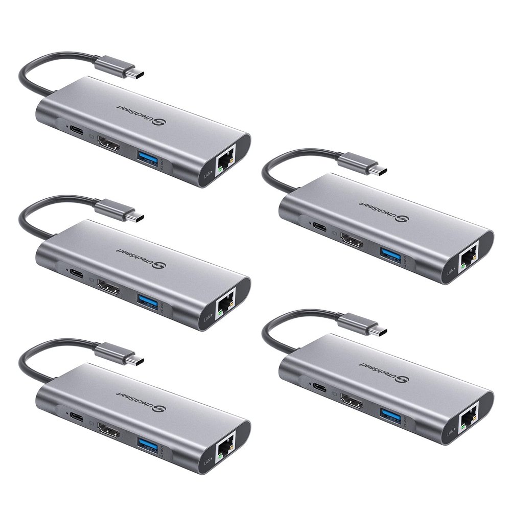 UtechSmart USB C Hub 5 Packs, USB C Ethernet Multiport Adapter, 6 in 1 USB C to HDMI Dock Compatible for MacBook Pro/Air, Chromebook, Dell XPS, HP(Gigabit Ethernet 100W PD 4K HDMI USB 3.0), Gray