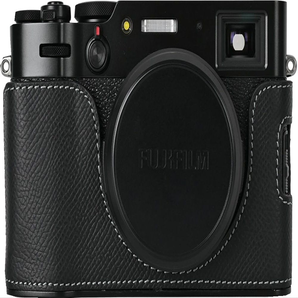 BMAOLLONGB X100V Case, Handmade Genuine Real Leather Metal Bottom Half Camera Case Bag Cover for Fujifilm X100V With Hand Strap (Black)