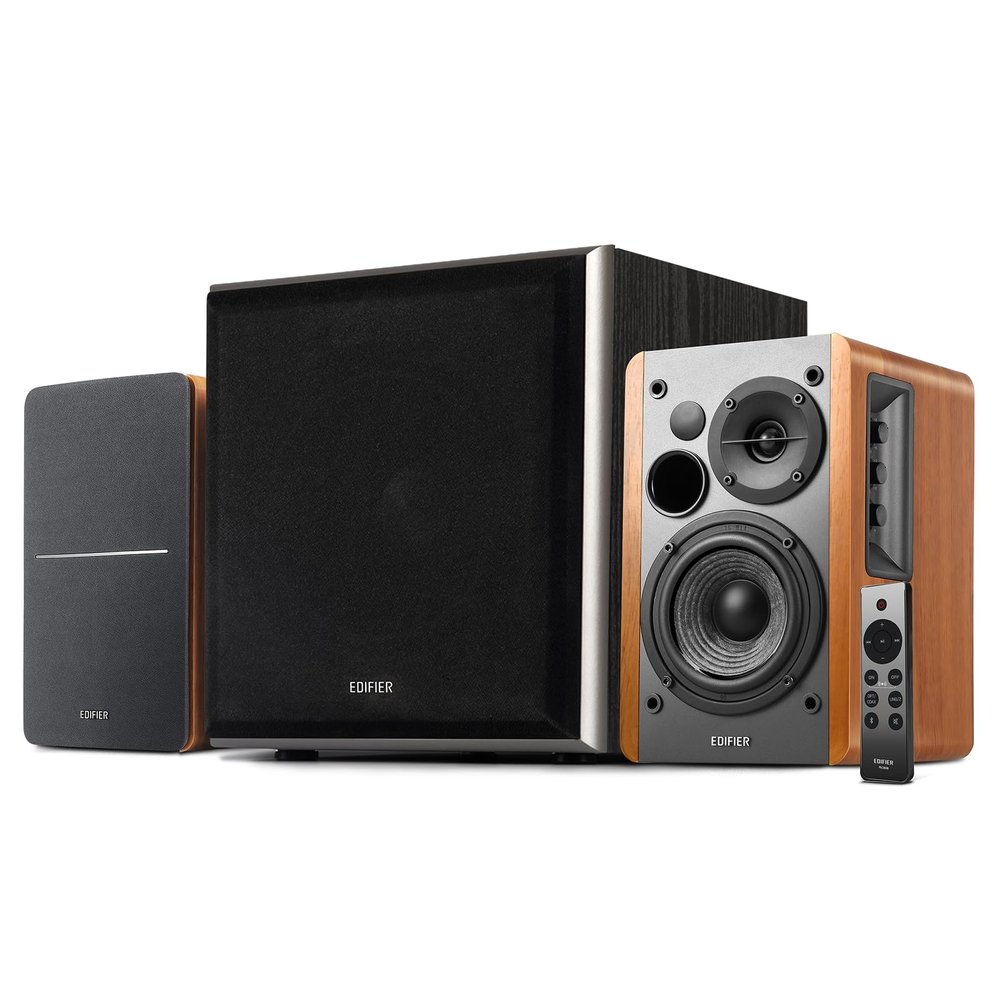 Edifier R1280DBs Active Bluetooth Bookshelf Speakers with T5 8-Inch Powered Subwoofer Bundle - 2.0 Wireless Studio Monitor Speaker Set with Optical Input  Wood Grain